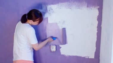 Close up of unrecognizable person painting wall in purple colour with roller. Unknown woman applying paint on wall. Concept of repair work and improvement of housing conditions