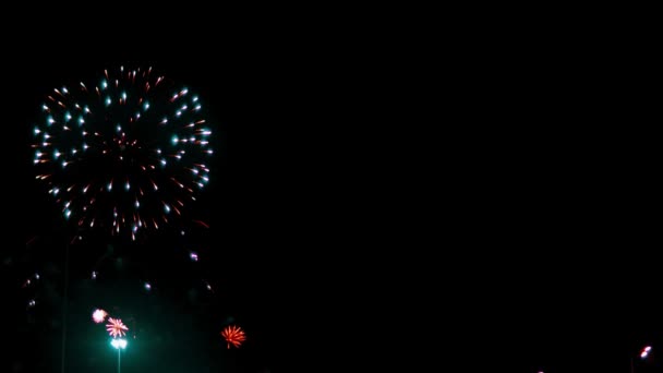 Sluiten Van Heldere Feestelijke Vuurwerk Nacht Mooie Vuurwerk Explosies Nachtelijke — Stockvideo