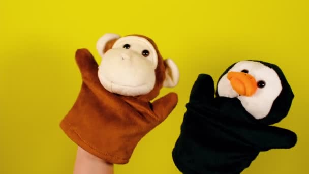 Soft Puppet Toys Hands Yellow Background Concept Puppet Show Close — Stock Video