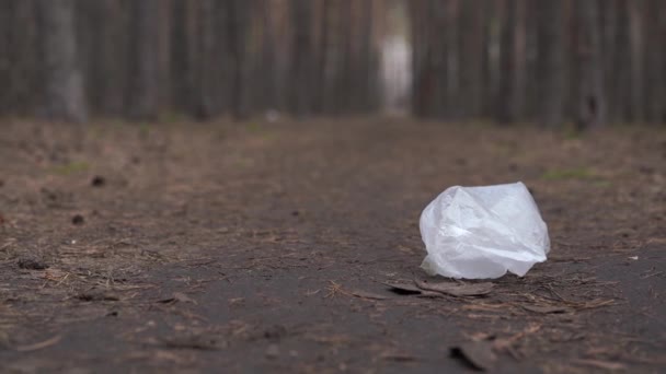 Zellophanbeutel Auf Dem Boden Wald Konzept Der Umweltverschmutzung — Stockvideo