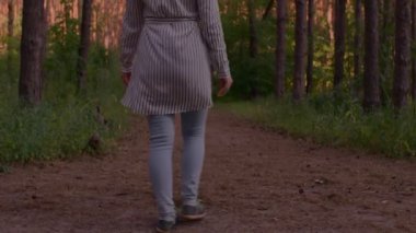 Sessiz yaz ormanlarında yürüyen genç bir kadının arka manzarası.. 