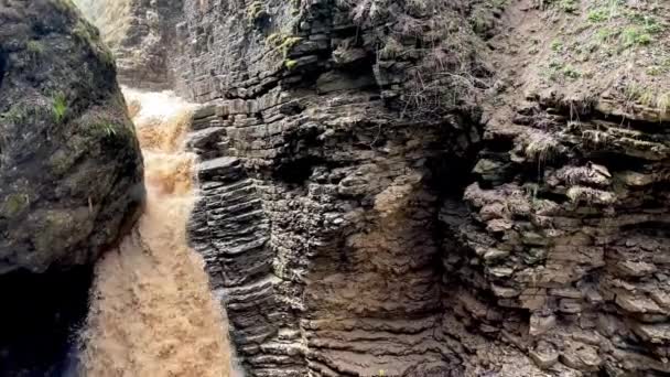 Beautiful Landscape Powerful Muddy Waterfall Mountainous Terrain Dirty Mountain Waterway — Stock Video