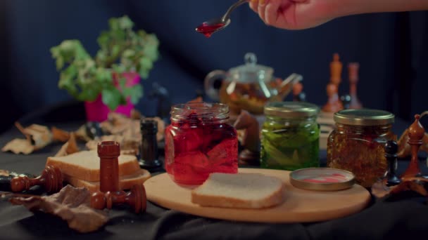 Close Small Jar Jam Wooden Board Unrecognizable Woman Takes Jam — Stock Video