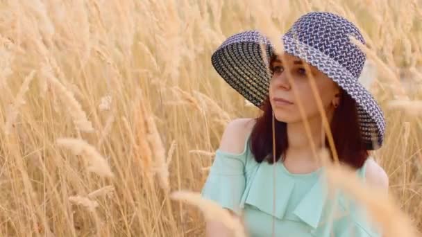 Jeune Femme Robe Chapeau Debout Dans Champ Blé Jolie Dame — Video