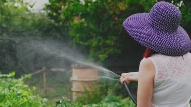 Hortumla sebze bahçesini sulayan kadının ellerini kapatın. Yazın bahçeye kur yapan ev hanımının portresi