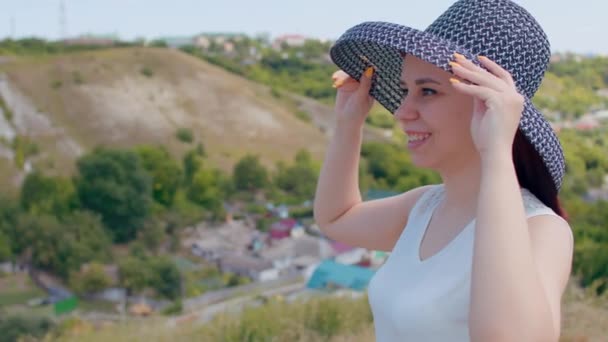 Young Female White Dress Elegant Hat Standing Hilly Terrain Beautiful — Stock Video