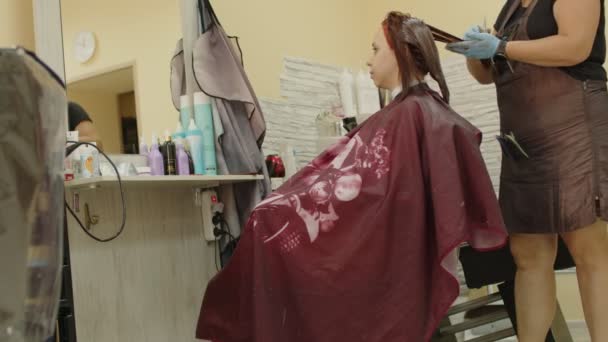 Orang Tak Dikenal Mewarnai Rambut Wanita Muda Salon Penata Rambut — Stok Video