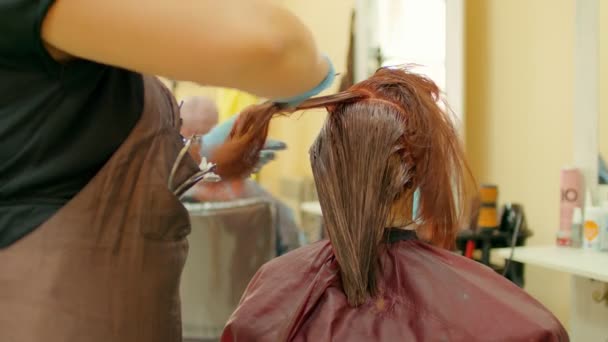 Nerozpoznatelná Osoba Barví Vlasy Mladé Ženy Salonu Neznámý Kadeřník Rukavicích — Stock video