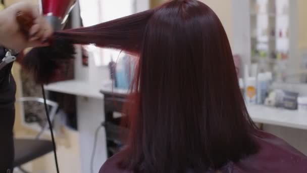 Cabeleireiro Faz Estilo Cabelo Para Uma Mulher Salão Beleza Secagem — Vídeo de Stock