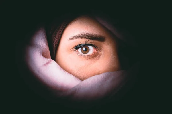 Portrait Young Woman Looking Out Hoodie Close Pretty Female Hiding — Stock Photo, Image