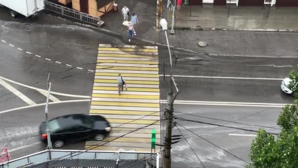 Pieszy przechodzi przez ulicę na przejściu dla pieszych w deszczu. Przejście dla pieszych z samochodem w deszczu, widok z góry — Wideo stockowe