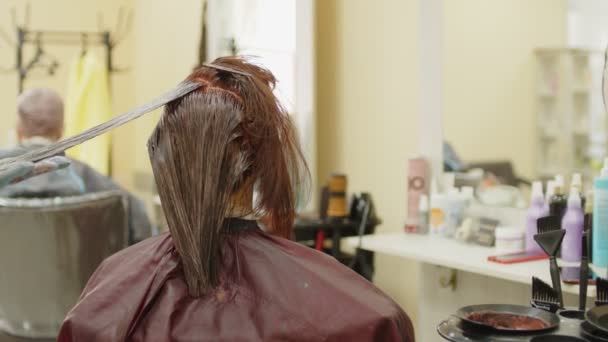 Unrecognizable person combs colored hair of young woman in salon. Unknown hairdresser in gloves separates strand of hair and prepares for coloring of client in beauty salon. — Stock Video