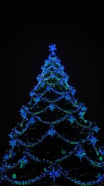 Akşam sokağındaki Noel ağacı. Düşük açılı kozalaklı ağaç ve geleneksel Noel süslemeleri akşam kentte sokakta bulunuyor..