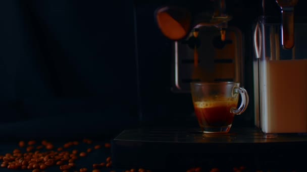 Espresso Koffie Uit Een Espressomachine Thuis Professionele Koffiezetapparaat Met Koffiekop — Stockvideo