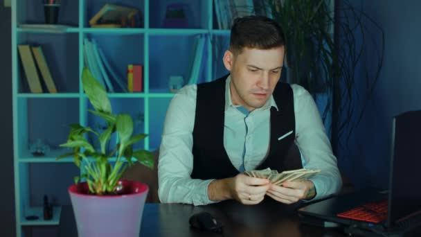 Thoughtful Man Counts Money Sitting Armchair Computer Office Businessman Excitedly — Stock Video