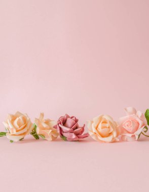 Gül arka planı. Çeşitli pembe gül tomurcukları ve taç yaprakları pastel pembe arka plana saçılmış, yukarıdan bakıldığında, düz bir şekilde kopyalanmış. Çiçekler. Gül çiçeklerinden yapılmış çerçeve