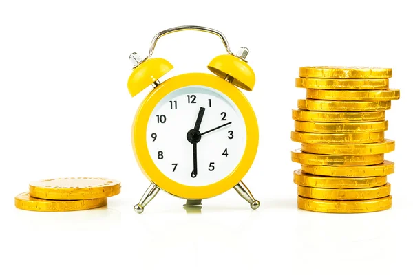 Clock with coins isolated — Stock Photo, Image