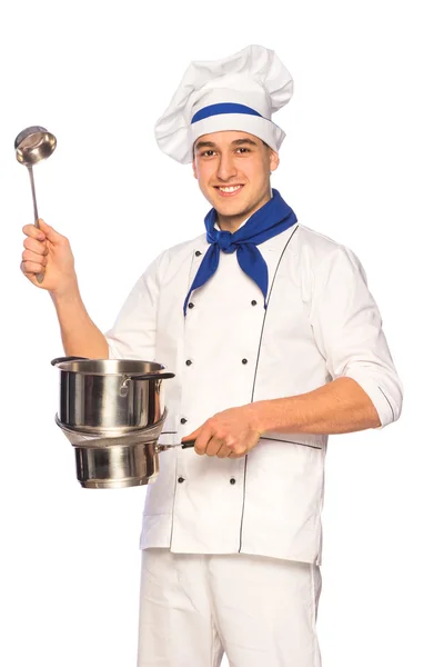 Smiling cook chef with kitchenware — Stock Photo, Image