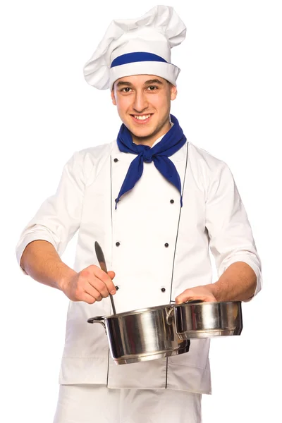 Sorrindo cozinheiro chef com utensílios de cozinha — Fotografia de Stock