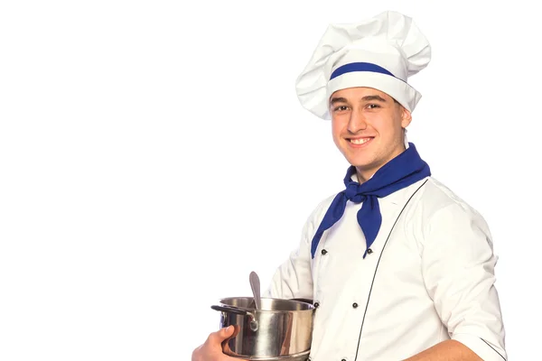 Sorrindo cozinheiro chef com utensílios de cozinha — Fotografia de Stock