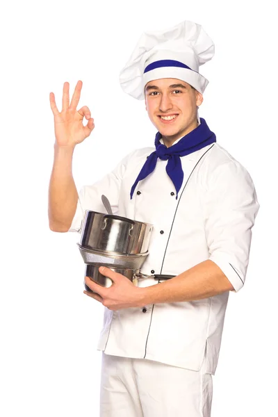Smiling cook chef with kitchenware — Stock Photo, Image