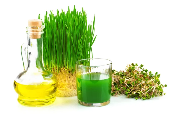 Wheatgrass juice with sprouted wheat and wheat germ oil — Stock Photo, Image