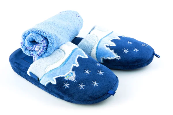 Blue soft slippers with towel — Stock Photo, Image