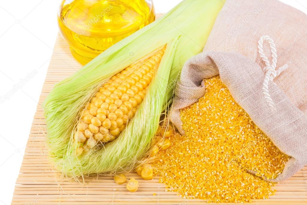 Composition from corn, maize flour and corn oil — Stock Photo