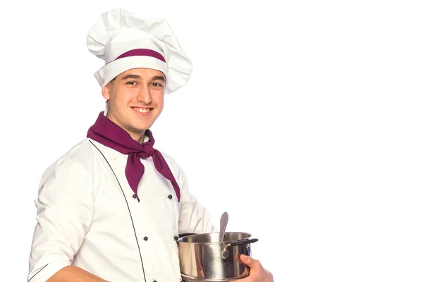 Uśmiechnięty kucharz kucharz z naczyniami — Zdjęcie stockowe