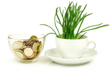 Money in bowl and grass in white cup clipart