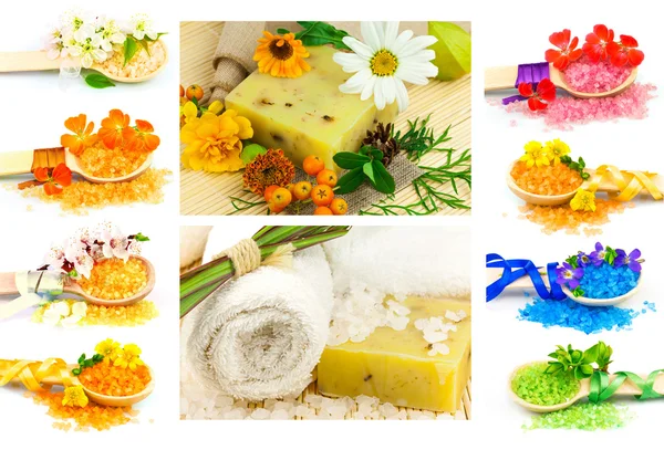 Sal marina, flores, plantas, toalla, jabón —  Fotos de Stock