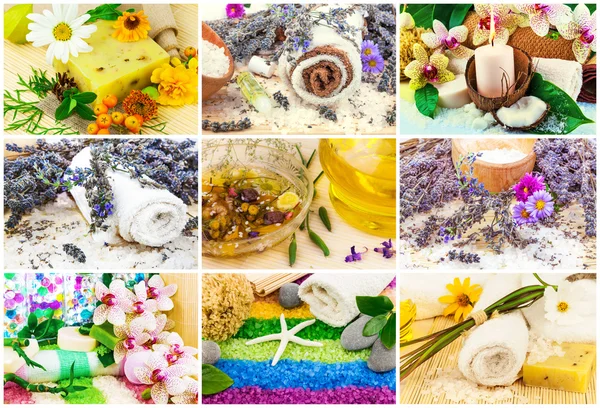 Aroma oil, sea salt, flowers, lavender, candle, mat Stock Photo