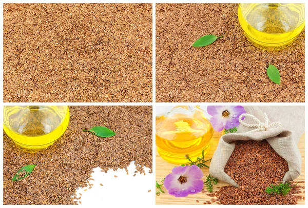 Flax seeds and glass bottle — Stock Photo, Image