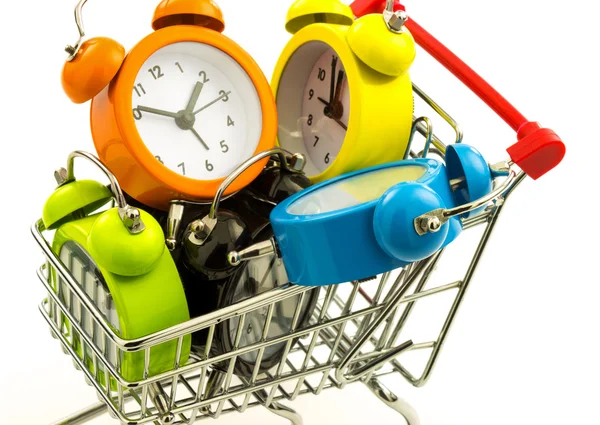 Alarm clocks in the metal trolley — Stock Photo, Image