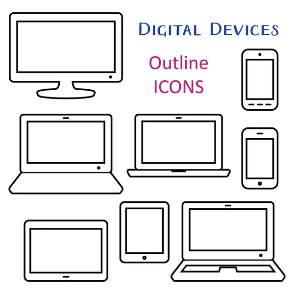 Pictogrammen van de omtrek van het digitale apparaat van de zwarte vector — Stockvector