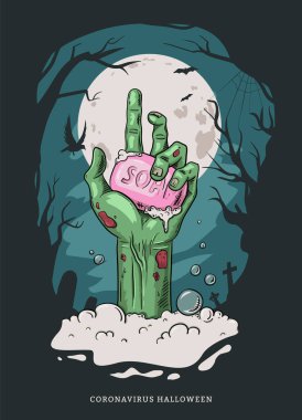 Köpüğe sabun yapışmış, arka planda mezarlık olan zombi eli. Coronavirus pandemik poster dizaynı sırasında Cadılar Bayramı. - Vektör illüstrasyonu