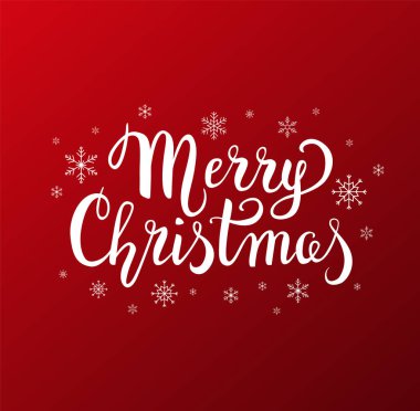 Kırmızı arka planda kar taneleri olan el yazısıyla yazılmış mutlu noeller. Vektör içinde tatil için el yazısı kaligrafik selamlama