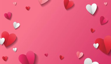 Kırmızı, beyaz ve pembe renkli kağıt kalplerle pembe romantik bir arka plan. Sevgililer Günü tebrik kartı ya da afişi için yaratıcı tasarım. - Vektör