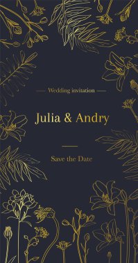 Kaliteli dikey düğün davetiyesi şablonu. Koyu arkaplanda altın çiçekler ve otlar var. Tarihi kaydet. - Vektör