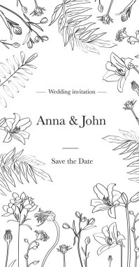 Güzel dikey çiçekli düğün davetiyesi şablonu. Grafik çizimli çiçekler ve bitkilerin çizimi. Siyah beyaz klasik kart. Tarihi kaydet. - Vektör