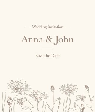 Açık bej arka planda güzel çiçekler olan güzel bir düğün davetiyesi. - Vektör