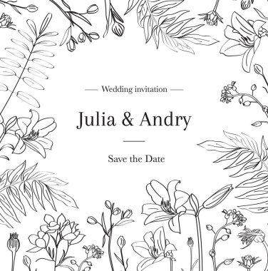 Düğün davetiyesi tasarım şablonu, siyah beyaz otlar ve çiçeklerle. - Vektör illüstrasyonu