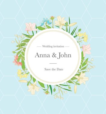 Çiçek düğün davetiyesi tasarımı farklı bitkiler, çiçekler daire şeklinde ve mavi arkaplanda geometrik desenli metin şablonu. - Vektör