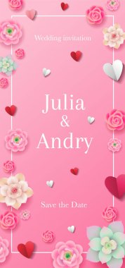 Çiçekli düğün davetiyesi tasarımı konsepti ve pembe arka planda kağıt renkli kalpler. Çiçekli kart tasarımını kaydet. - Vektör