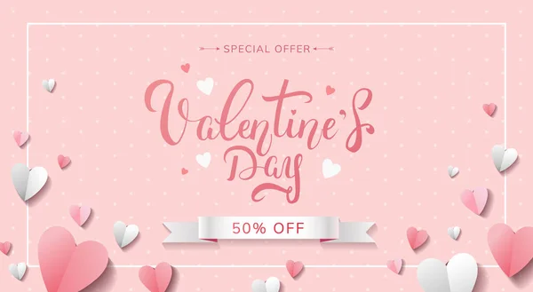 Valentine Day Concept Affiche Vente Avec Beaux Cœurs Papier Rose — Image vectorielle