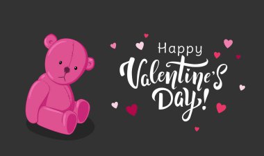 Sevgililer Günü tebrik kartı tasarım şablonu şirin pembe oyuncak ayı ve koyu arkaplanda küçük kalpler