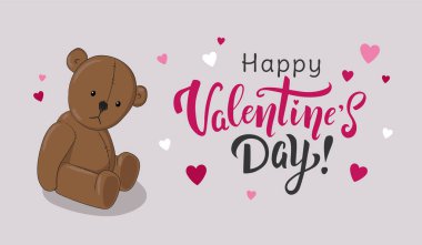 Küçük oyuncak ayıcığın açık gri arka planı, küçük kalpleri ve el yazısıyla yazılmış harfleri var. Sevgililer Günün kutlu olsun.!