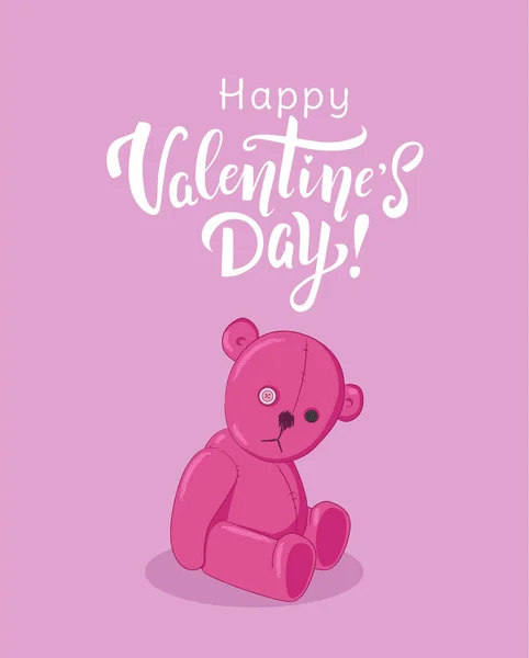 Happy Valentine Day Greeting Card Template Handwritten Lettering Pink Toy —  Vetores de Stock