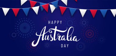 Avustralya gününüz kutlu olsun. El yazısı harfler, havai fişekler ve bayrak süslemeleriyle birlikte yatay pankart tasarımı şablonu. - Vektör