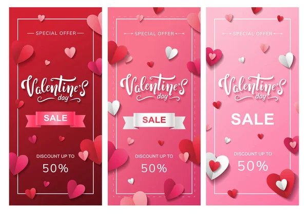 Set Diseños Volantes Verticales Valentine Day Sale Con Corazones Papel — Archivo Imágenes Vectoriales